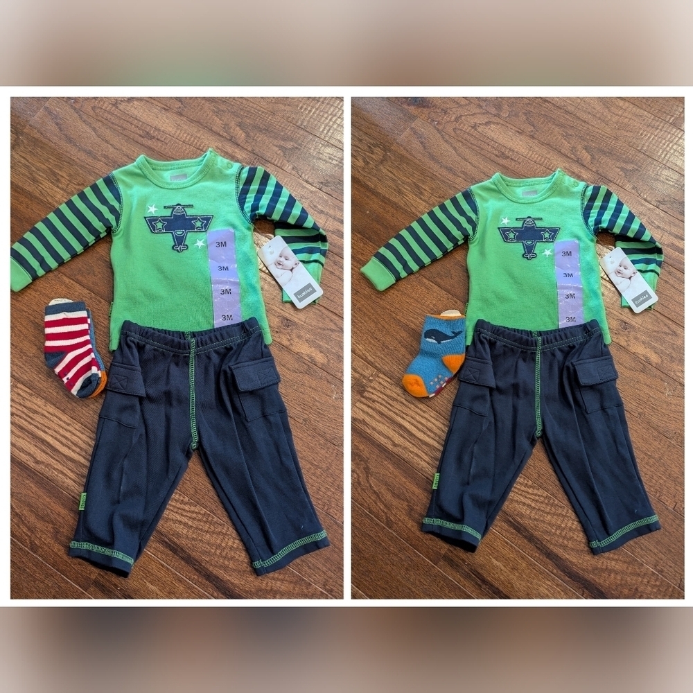 🍁Kushies Green & Navy 2 Baby Outfits with Socks 6 Pairs NWT 3M